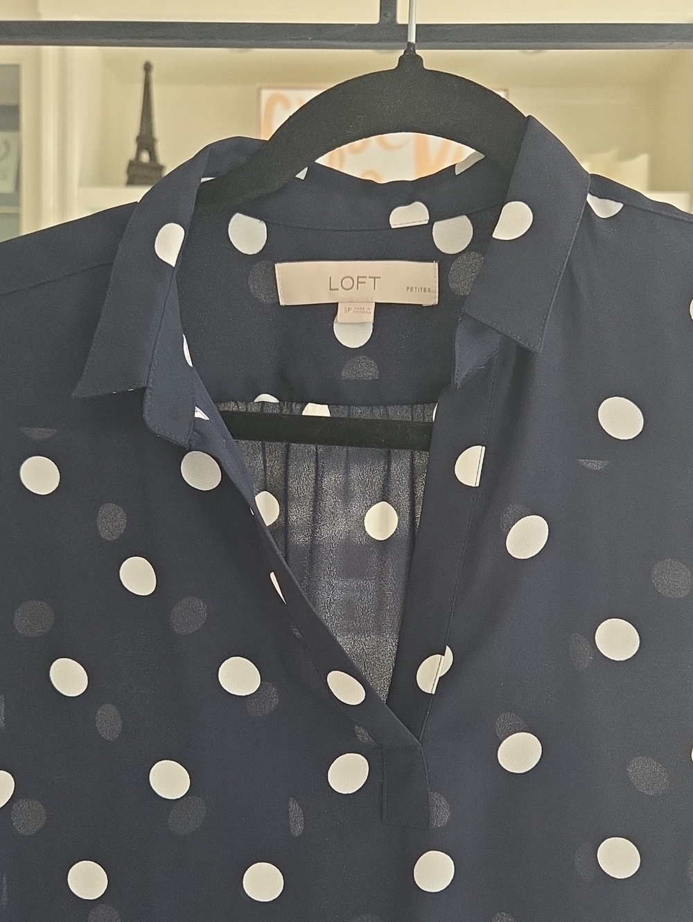LOFT Navy and White Polka Dot Long-Sleeve Blouse - Picture 6 of 7